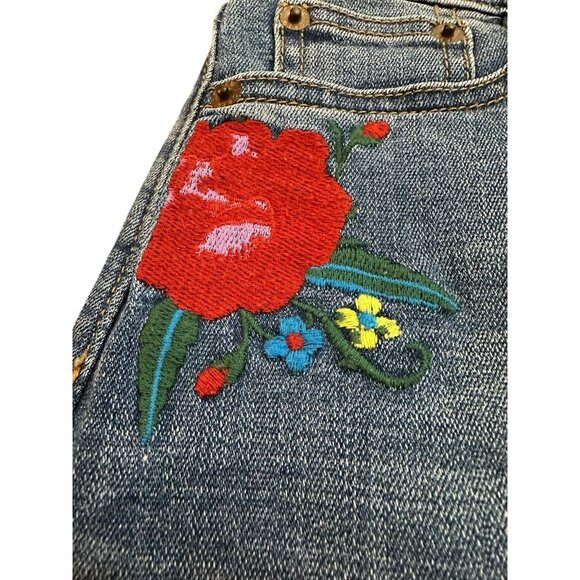 J Crew Floral Embroidered Denim Mini Skirt Raw Hem Fringe Size 2 Boho Y2K - Picture 5 of 7